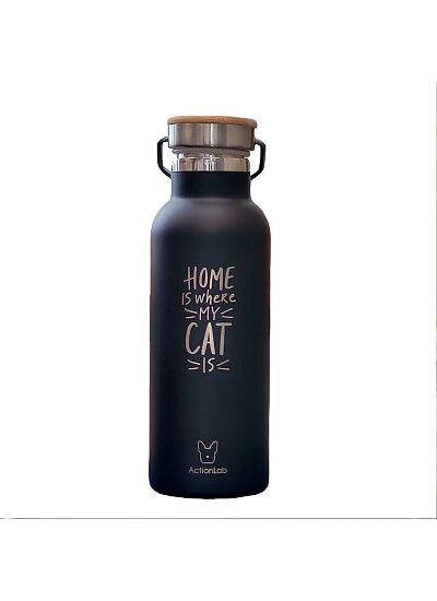 Eco Life Bamboo Thermos Bottle Μαύρο Meow Home Is Where My Cat Is 500ml