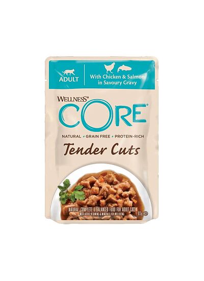 Wellness Core Tender Cuts Fillets Κοτόπουλο & Σολομός Σε Σάλτσα 85gr