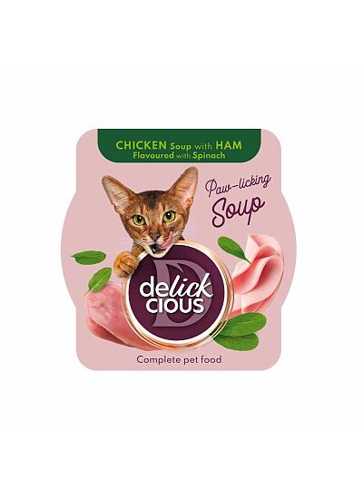 Delickcious Cat Σούπα Κοτόπουλου με Ζαμπόν και Σπανάκι 80gr