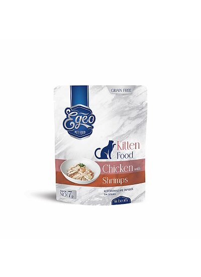 Egeo Υγρή Τροφή Γάτας Φακελάκι Kitten με Κοτόπουλο & Γαρίδα σε Ζωμό 85gr