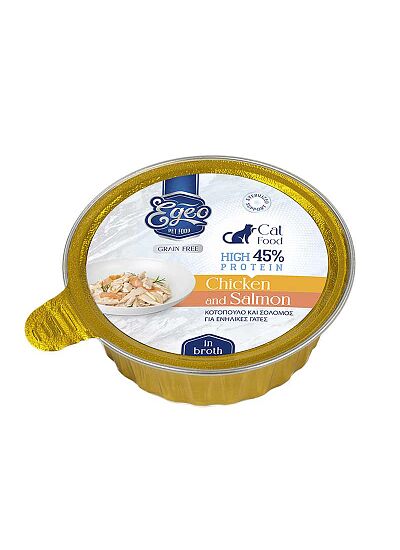 Egeo Υγρή Τροφή Γάτας Δισκάκι Adult High Protein 45% Κοτόπουλο & Σολωμό Σε Ζωμό 80gr