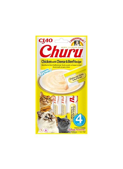 Ciao Churu Λιχουδιά σε Κρέμα με Γεύση Κοτόπουλο, Τυρί & Μοσχάρι για Γάτες (4x14gr)