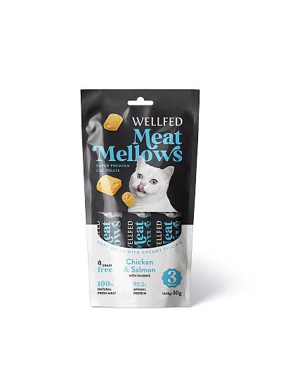 Wellfed Meat Mellows Λιχουδιά σε Ρολάκια με Γεύση Κοτόπουλο & Σολομό για Γάτες (3x10gr)