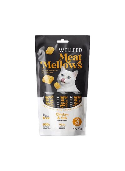 Wellfed Meat Mellows Λιχουδιά σε Ρολάκια με Γεύση Κοτόπουλο & Κρόκο Αυγού για Γάτες (3x10gr)