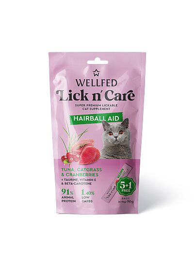 Wellfed Lick N' Care Λιχουδιά Υποστήριξης κατά των Τριχόμπαλων (6x15gr / 90g)